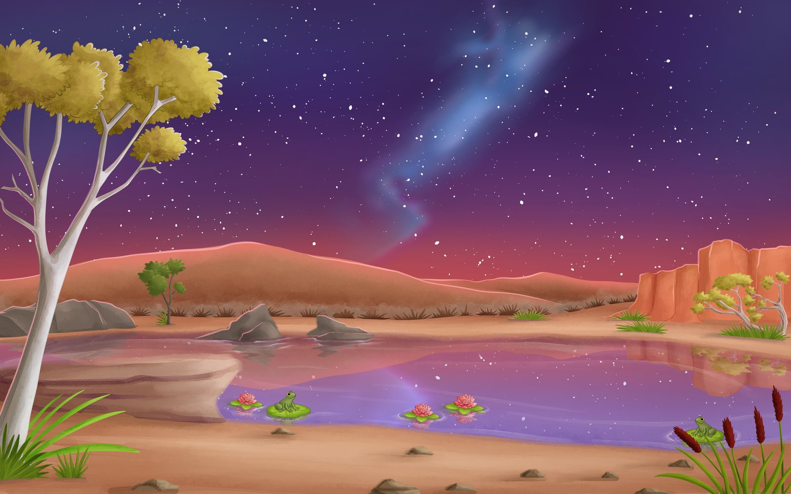 The painted Northern Territory waterhole at night, with a ghost gum, red dunes, a starry sky and lily pads