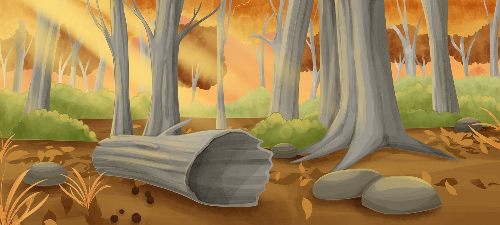 The painted woodland of Book five, with tall gum trees, golden light and a fallen log