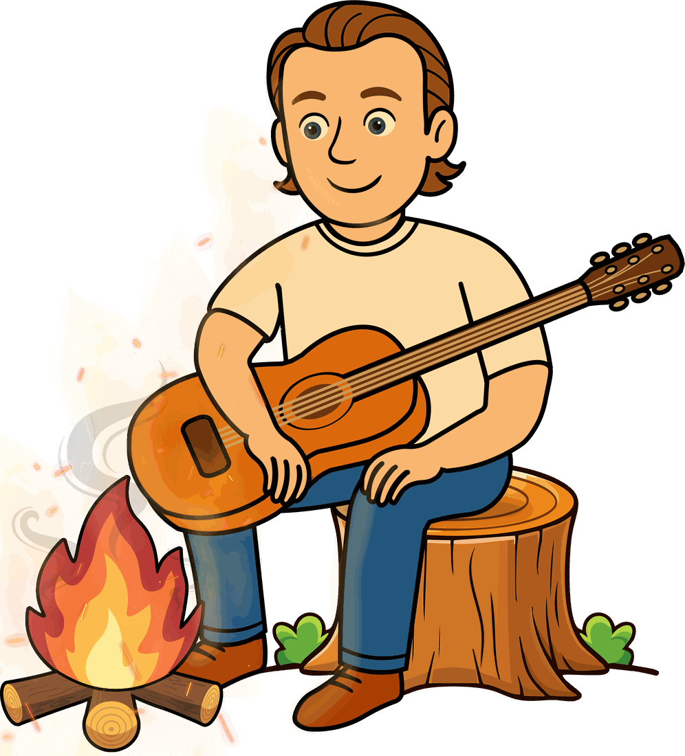Mr. H sitting on a tree stump by a small campfire, guitar resting on his knee