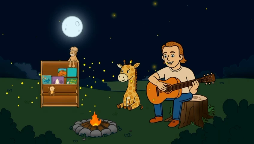 Mr H and Gerry by the campfire, ending with the One More Story illustrated logo before repeating