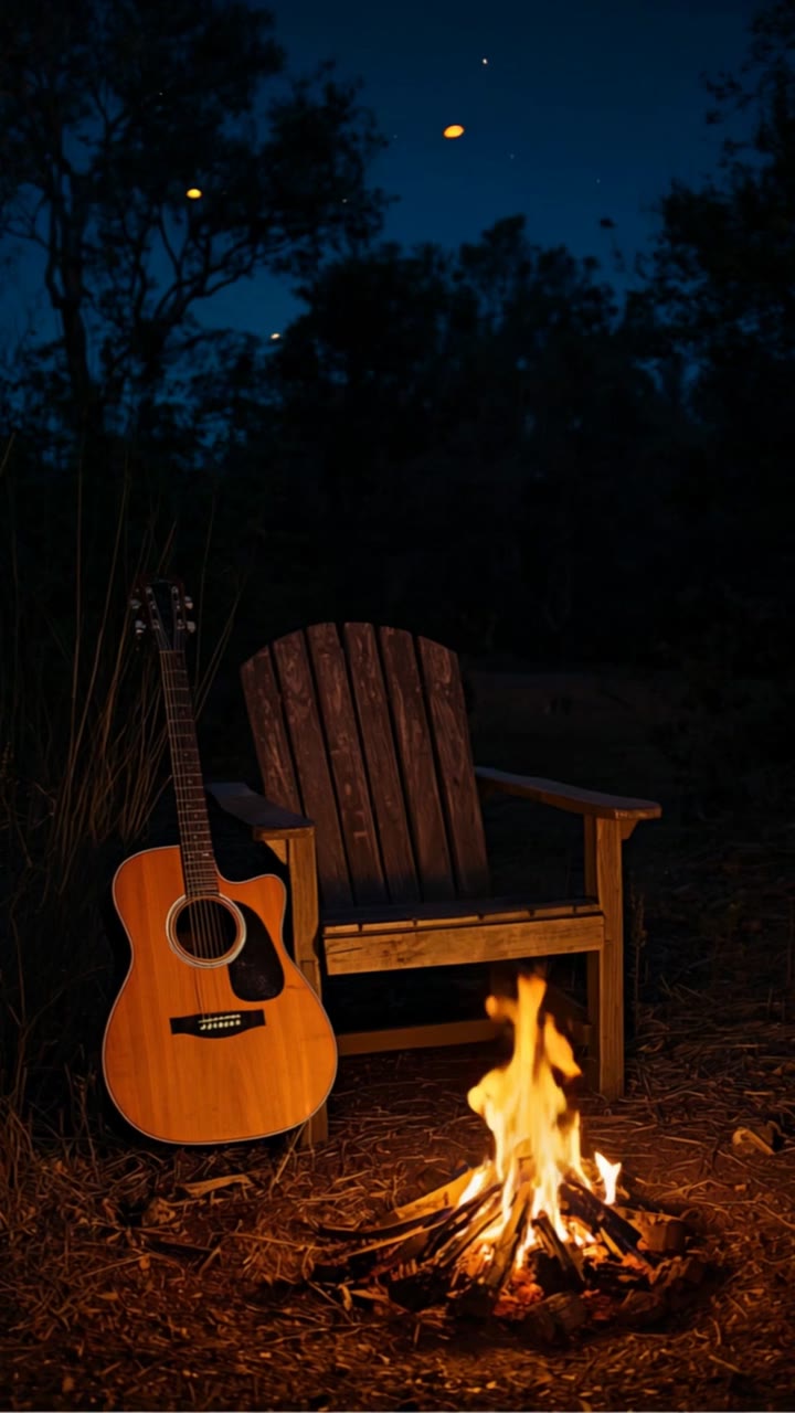 An acoustic guitar beside a wooden chair and campfire at night