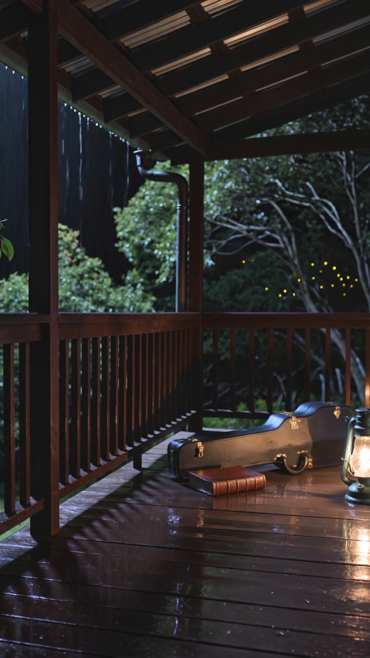Books, a guitar and a lantern on a verandah in the rain